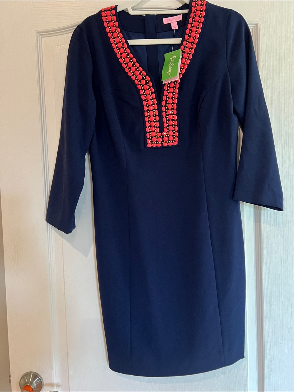 NWT Lilly Pulitzer Navy Sheath Dress with Coral Beaded Trim - Size 8